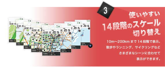 使いやすい14段階のスケール切り替え10km〜200kmまで14段階で表示。10m〜200kmまで14段階で表示。散歩やランニング、サイクリングなどさまざまなシーンに合わせて表示ができます。