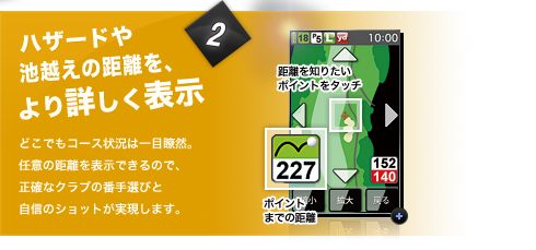 ハザードや池越えの距離を、より詳しく表示どこでもコース状況は一目瞭然。任意の距離を表示できるので、正確なクラブの番手選びと自信のショットが実現します。