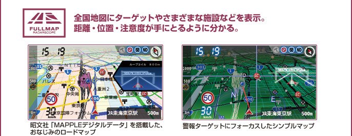 全国地図にさまざまなターゲットや施設などを表示。距離・位置・注意度が手にとるように分かる。