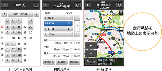 2項目まで地図と同時表示可能　主な表示項目　距離｜速度（現在、平均、最高）｜タイム｜ラップタイム｜高度｜気圧｜方位｜勾配｜消費カロリー｜心拍数＊｜ケイデンス＊｜ほか多数　＊別売りオプション対応