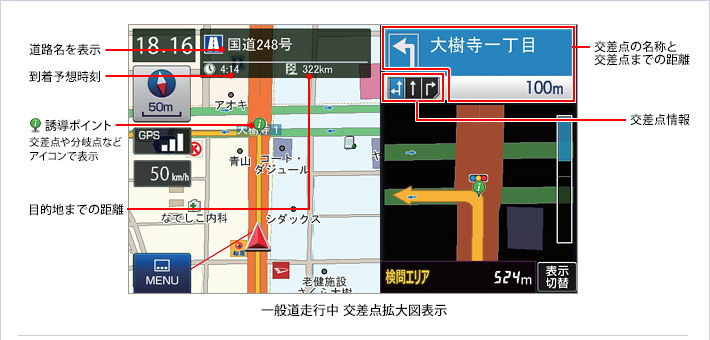 一般道走行中交差点拡大図表示