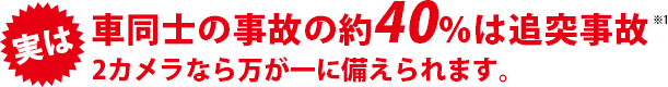 実は！車同士の事故の約40％は追突事故。2カメラなら前後の万が一に備えられます。