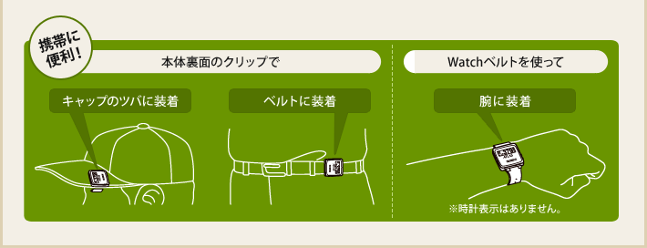 携帯に便利！本体裏面のクリップ、Watchベルトを使って装着。