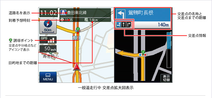 一般道走行中交差点拡大図表示