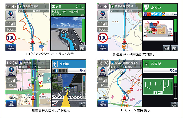 JCT（ジャンクション）イラスト表示／高速道SA・PA内施設案内表示／都市高速入口表示（3Dイラスト表示）／ETCレーン案内表示