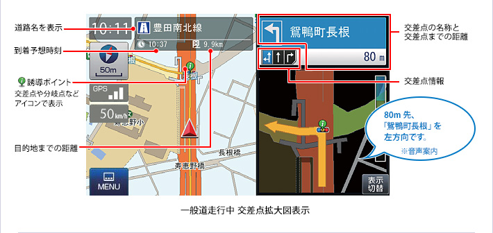 一般道走行中交差点拡大図表示