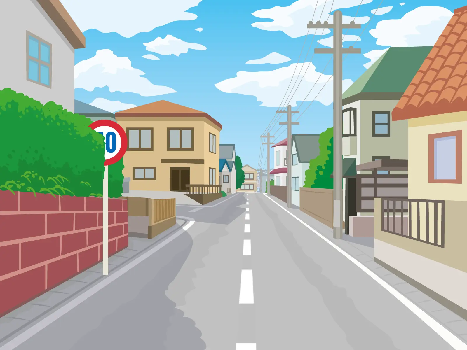 センターラインのない道路、制限速度標識があるが見えづらい