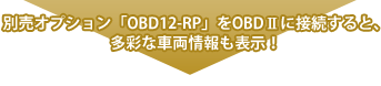 別売オプション「OBD12-RP」をOBDⅡに接続すると、多彩な車両情報も表示!