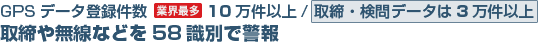 GPSデータ登録件数[業界最多] 10万件以上/ 取締・検問データは3万件以上 取締や無線などを58識別で警報