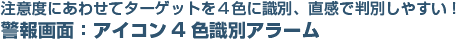 注意度にあわせてターゲットを４色に識別、直感で判別しやすい！　警報画面：アイコン4色識別アラーム