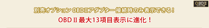 別売オプションOBDⅡアダプター接続時のみ表示できる！OBDⅡ最大13項目表示に進化！