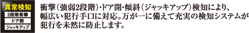 衝撃（強弱2段階）・ドア開・傾斜(ジャッキアップ)検知により、幅広い犯行手口に対応。万が一に備えて充実の検知システムが犯行を未然に防止します。