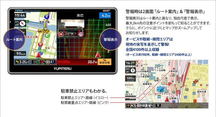 警報時は2画面「ルート案内」＆「警報表示」 警報表示はルート案内と異なり、独自尺度で表示。最大2km先の注意ポイントを前もって知ることができます。さらに、ポイントに近づくとマップがズームアップしてお知らせします。　駐車禁止エリアもわかる。
