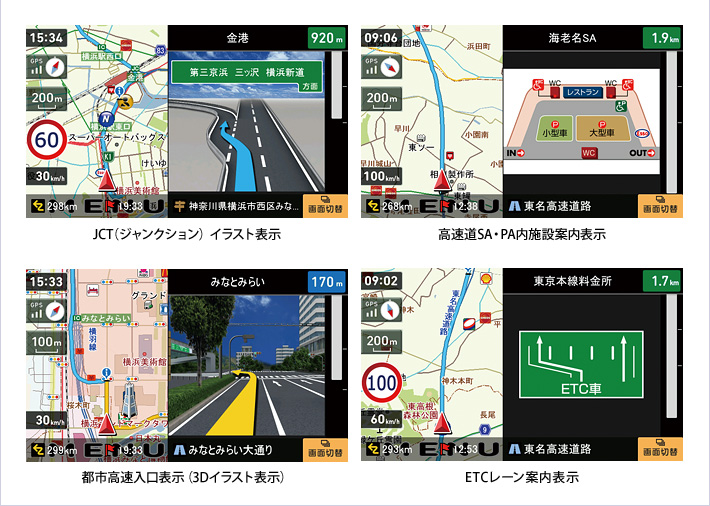 JCT（ジャンクション）イラスト表示／高速道SA・PA内施設案内表示／都市高速入口表示（3Dイラスト表示）／ETCレーン案内表示