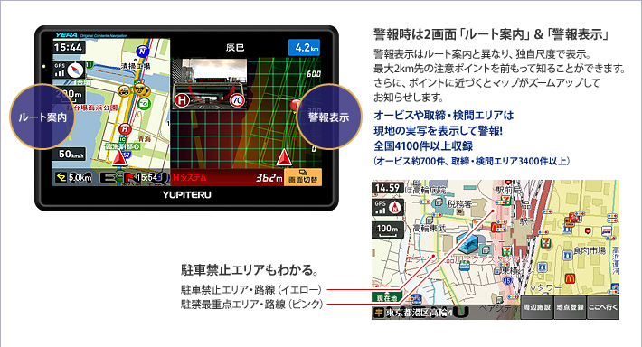警報時は2画面「ルート案内」＆「警報表示」 警報表示はルート案内と異なり、独自尺度で表示。最大2km先の注意ポイントを前もって知ることができます。さらに、ポイントに近づくとマップがズームアップしてお知らせします。　駐車禁止エリアもわかる。